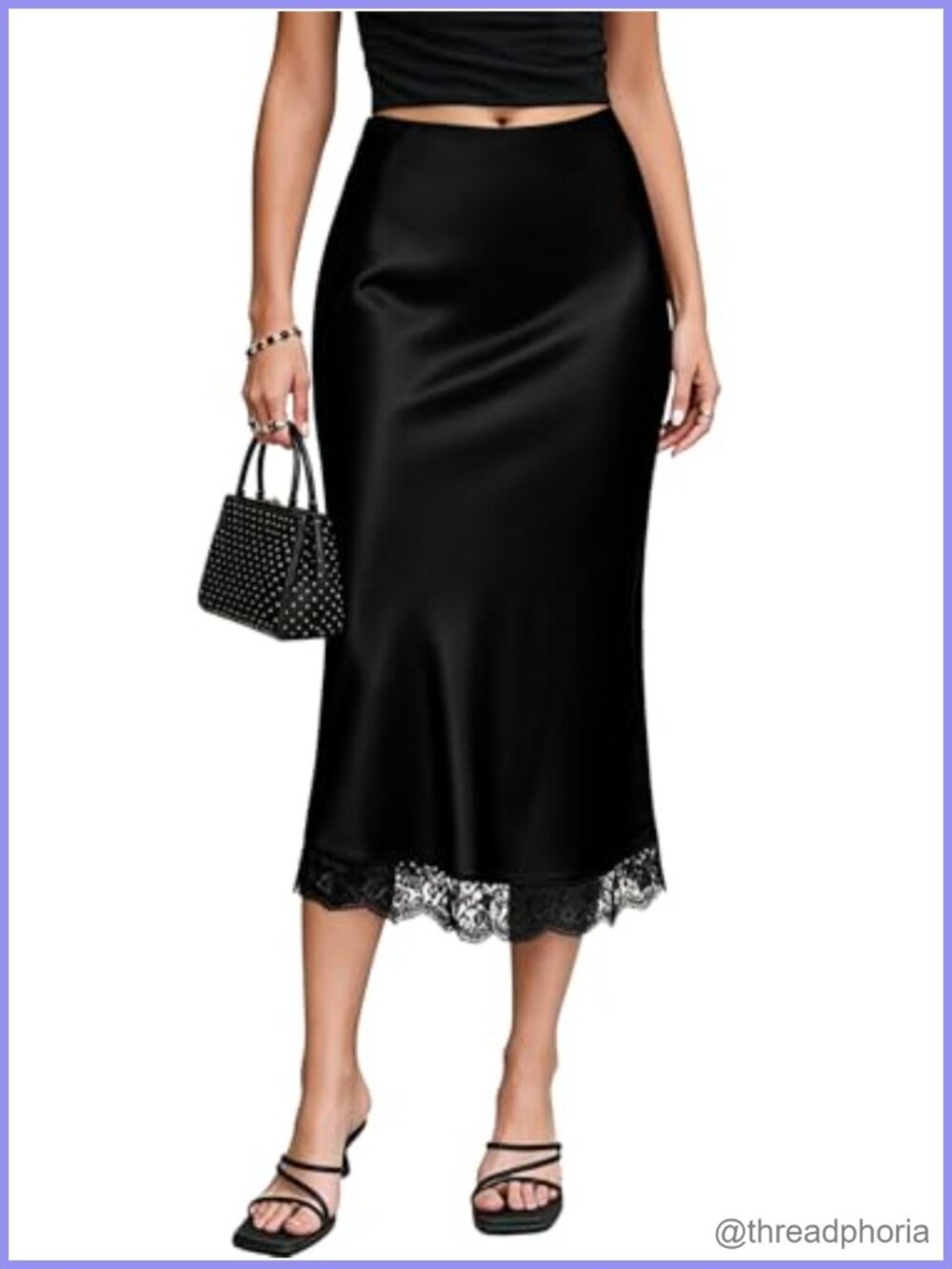 Satin Lace Hem Midi Skirt Elastic High Waist A-Line Flared Fishtail